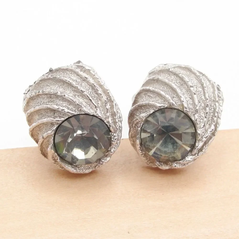 Vintage Swank Silver Tone Shell Cufflinks Smoky Rhinestone Glass MCM Wedding